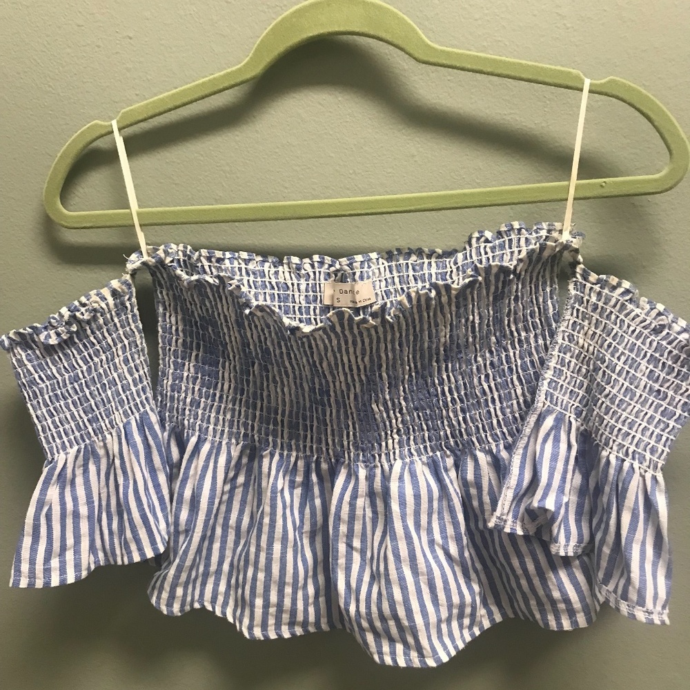 Bear Dance Blue and White Striped Off the Shoulder Crop Top
